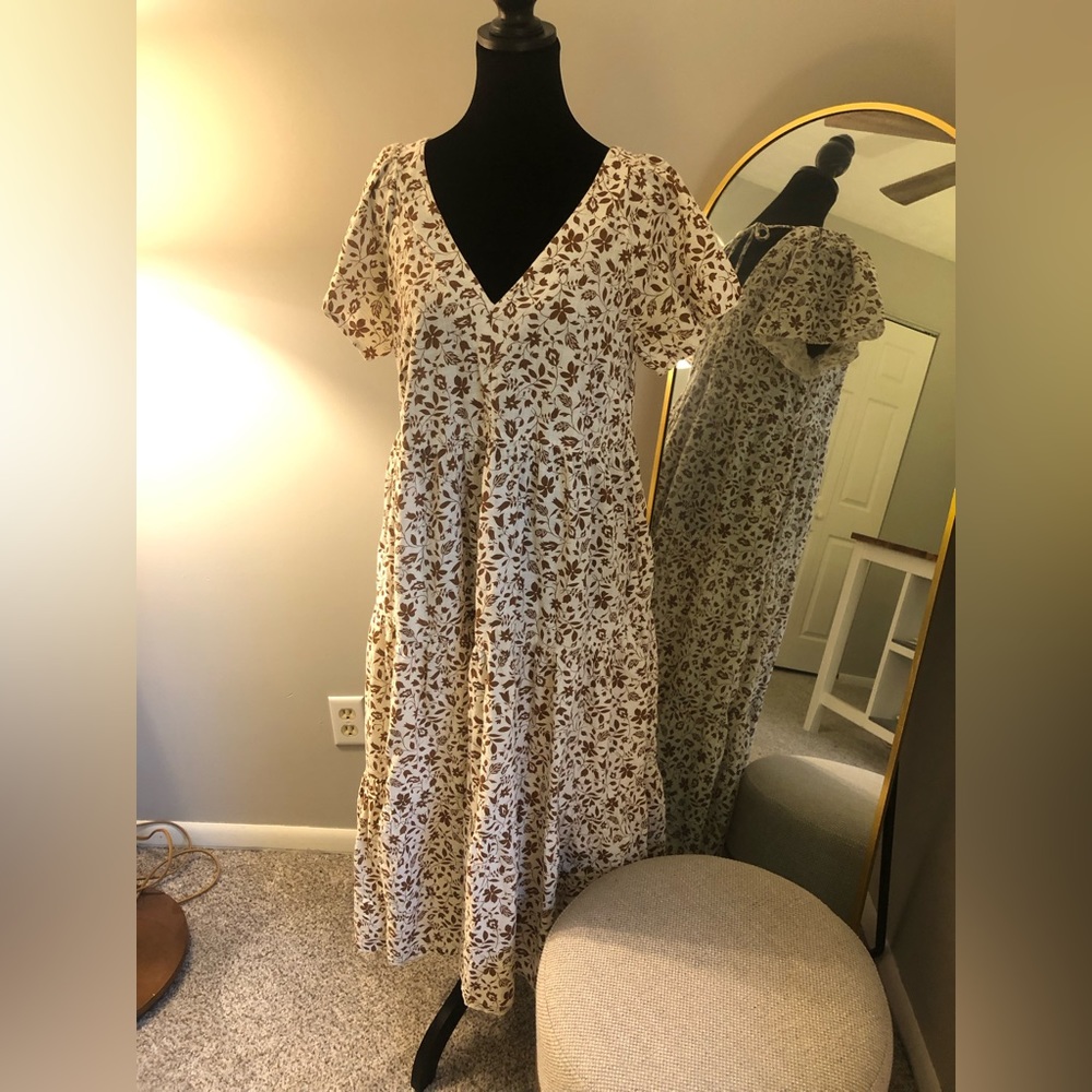 Cream and brown maxi-length floral dress